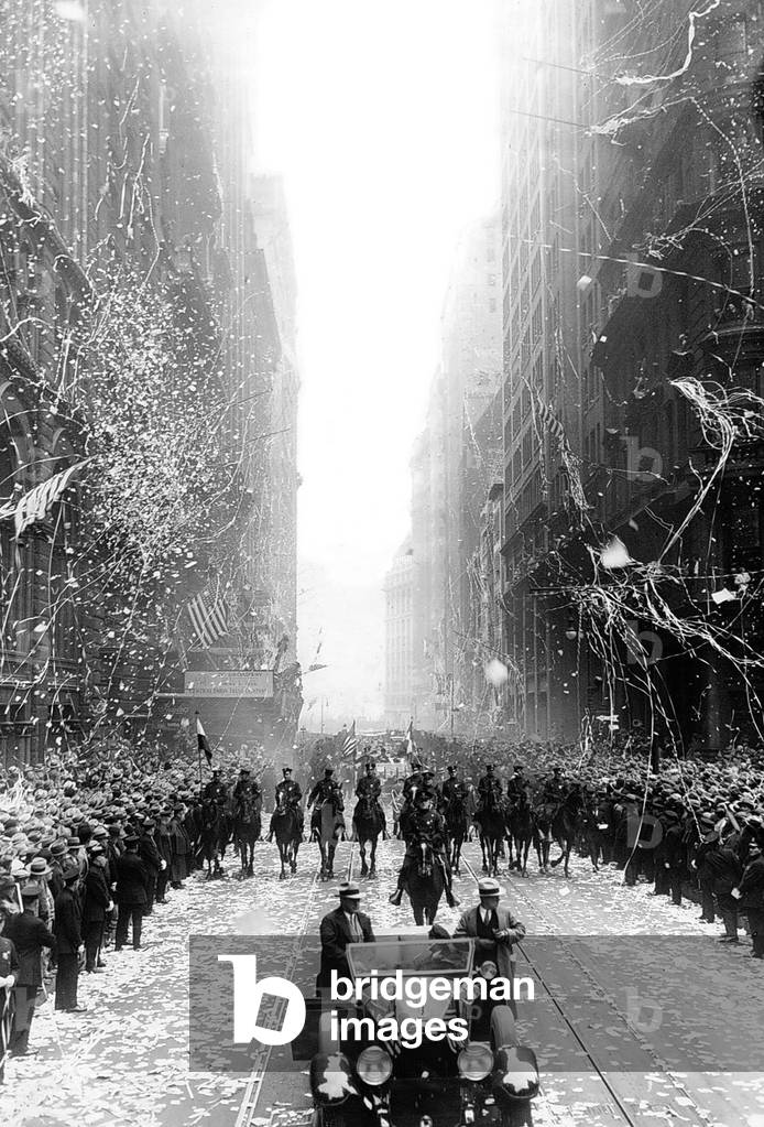 Alfred E Smith is honored by a ticker tape parade down lower Broadway, 1928 (b/w photo)