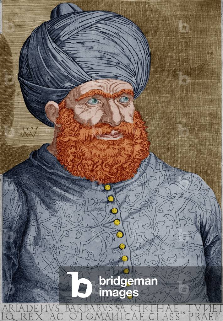 Khair al-Din, said Barberousse (?-1546), Turkish corsair, he placed Algiers under ottoman suzerainty (1518), admiral of ottoman fleet (1533), he fought CharlesQuint, engraving by Agostino Veneziano in 1535, colourized document