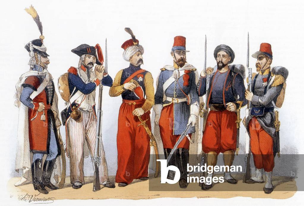 Uniforms for different members of french army in the East and Africa from 1798 to 1841, drawing by Charles Vernier (1831-1887)
