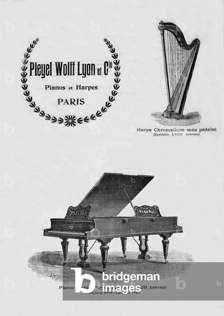 Advertisement for Pleyel Wolff Lyon musical instrument factory in Paris c. 1900