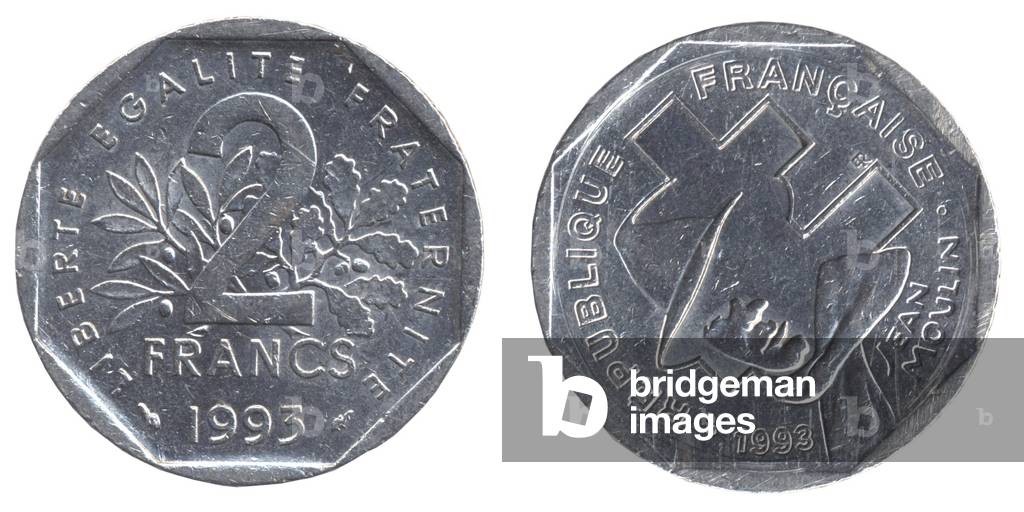 French coin, 2 Francs, 1993: Jean Moulin (verso)