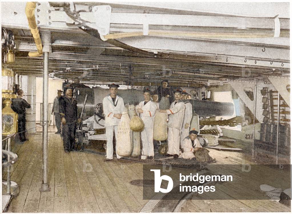 Changing of suit (night suit for day suit) for french sailors on a ship, illustration from a military album, 1915