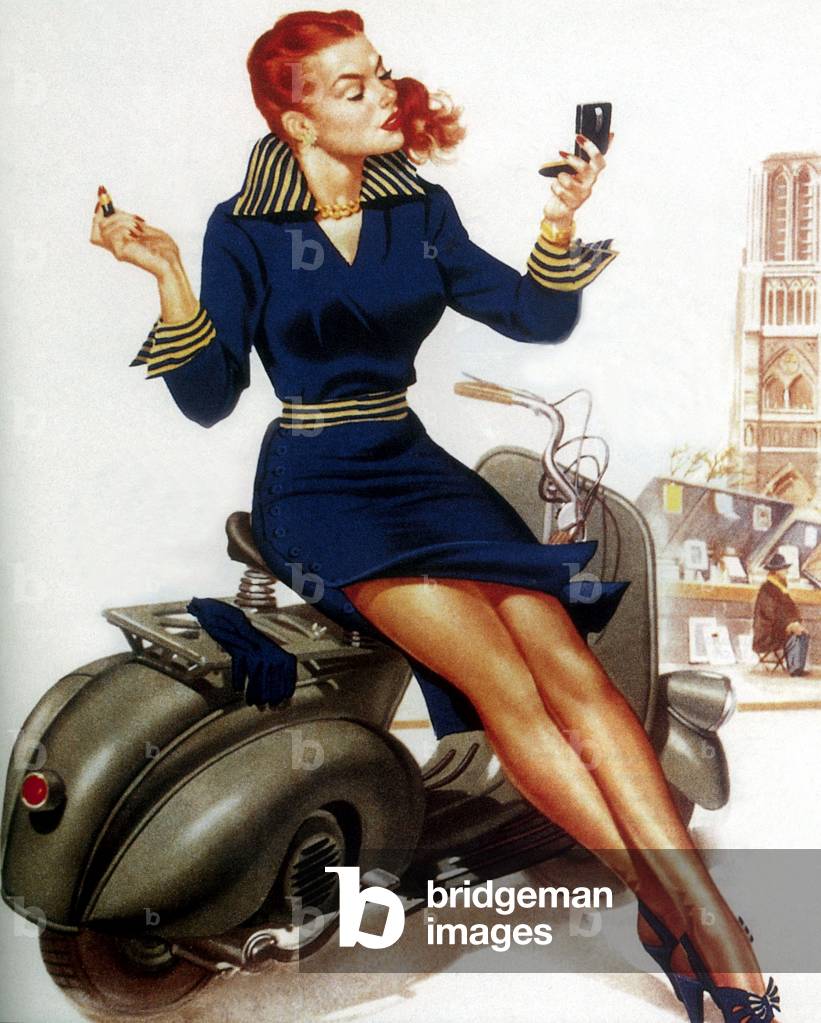 Woman on vespa scooter putting make up on in Paris, 1950's (print)