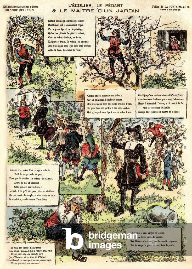 Illustration of La Fontaine's Fables Pedant, Schoolboy, and Gardener, engraving, c. 1890