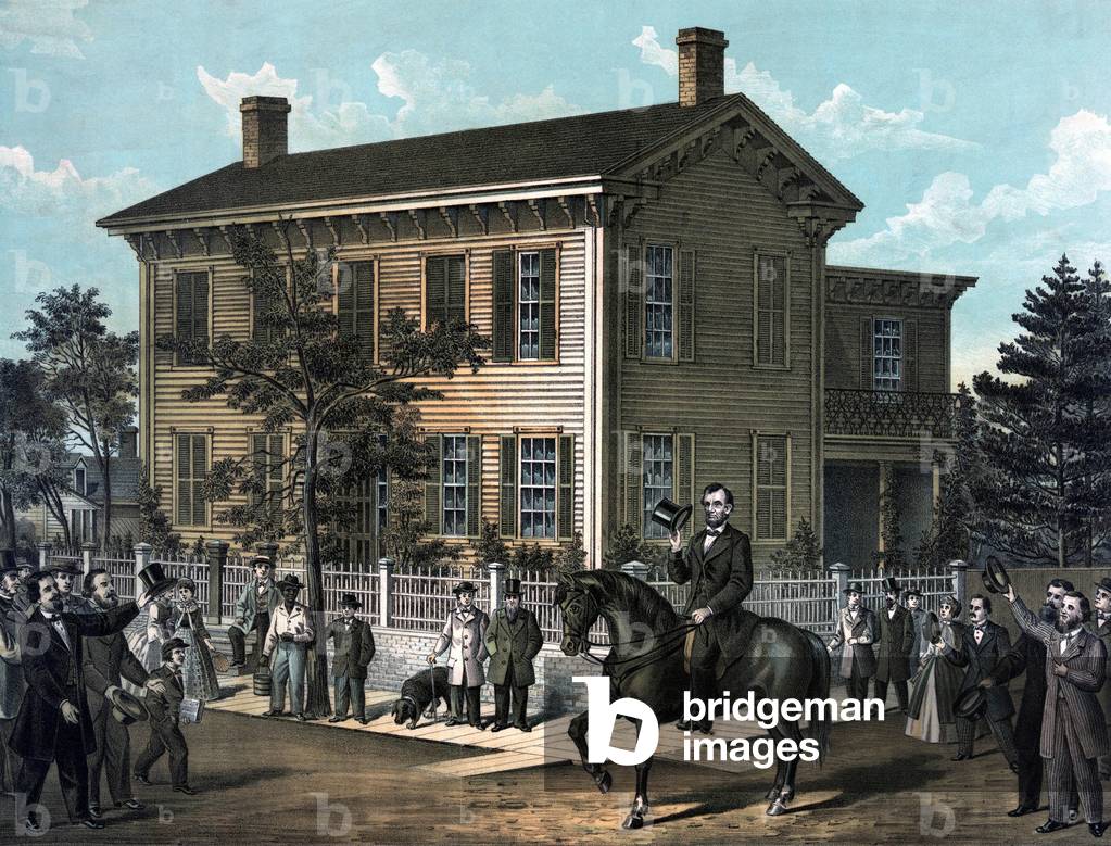 Abraham Lincoln  returning to his Springfield home after his successful campaign for the Presidency of the United States, in October, 1860.