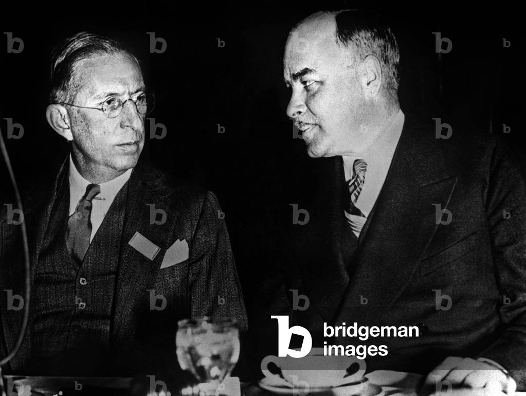 Lammot du Pont II (l) president of . I. du Pont de Nemours (Nylon) with Lewis Herold Brown president of Johns-Manville in New York c. 1945