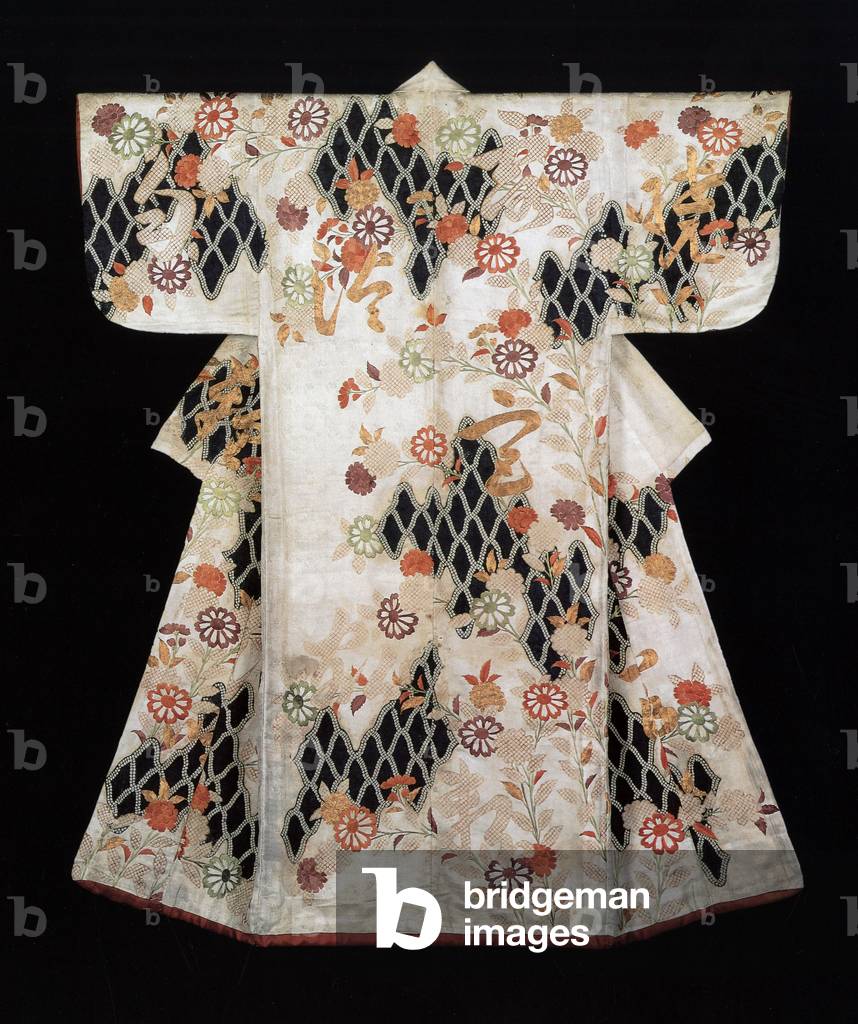 Kosode (kimono) with water, flowers and wisteria (textile)