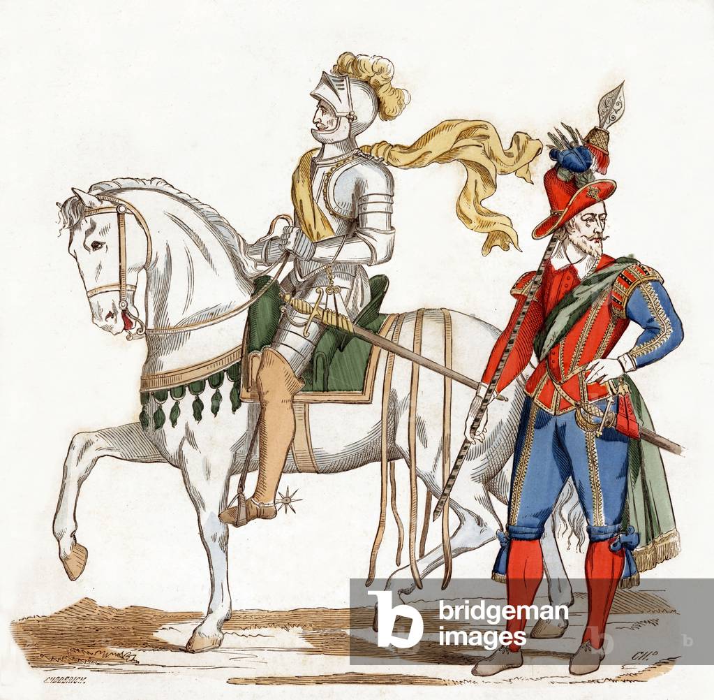 A gendarme in 1593 captain of the first company of children of honour in 1596 engraving from the book “Paris a travers les siecles” TomeIV, 1878