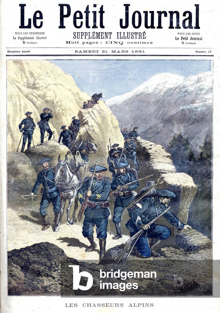 one of the battalions of soldiers trained for mountainous terrain , posted to the defence of the Alps, frontpage of french newspaper Petit Journal march 21, 1891