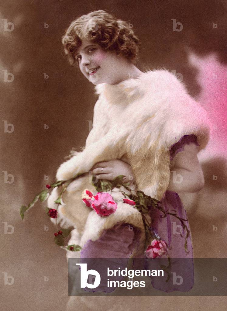 Romantic young woman with fur stole, Postcard, c. 1920
