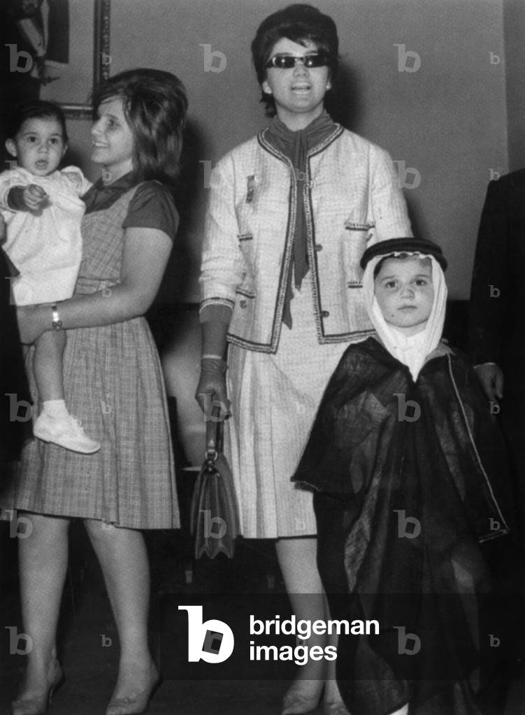 Saudi prince Alwaleed (or Al-Walid) with his mother Muna es-Solh and his aunt Lamia Solh carrying Lamia Solh princess Reem (his sister) c. 1962