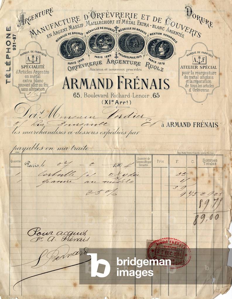 Bill of Armand Frenais company, factory of goldsmith's and silversmith's and knives and forks, in Paris, february 27, 1904