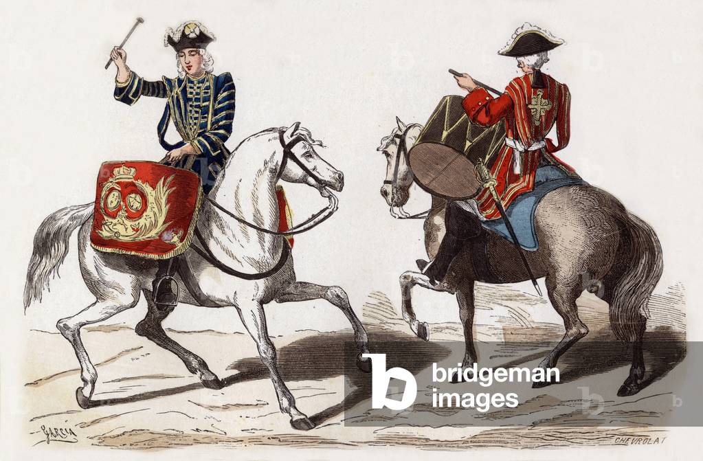 Musicians on horses in french army (tambour), 17th century, engraving