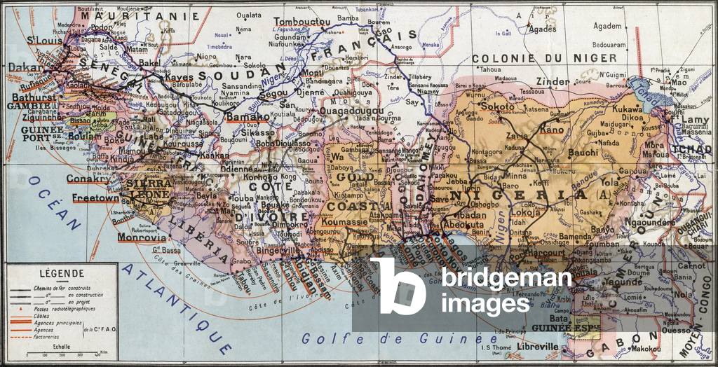 Map of western Africa, 1933 (Senegal, French Sudan, Ivory Coast, Nigeria, Dahomey, Gambia, Liberia, Togo, Cameroon...)