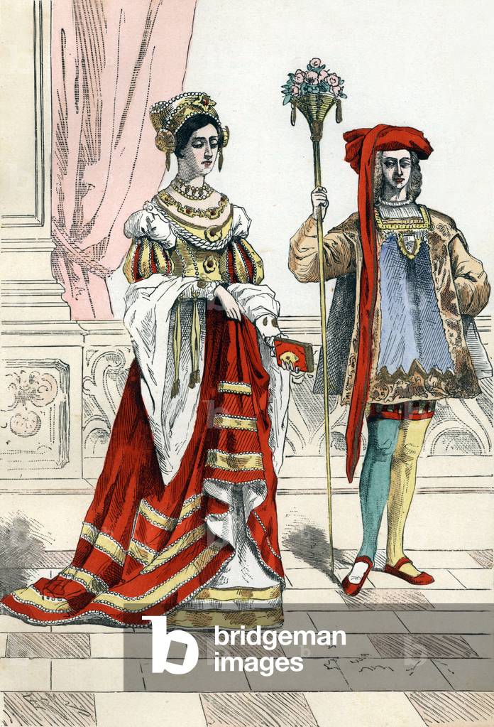 Costume: Noble woman going at mass, France, late 15th century, engraving