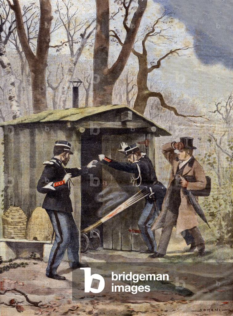 To defend his home in Gennes during the visit of a bailiff Illustration from “Le Petite Journal” of December 29, 1901