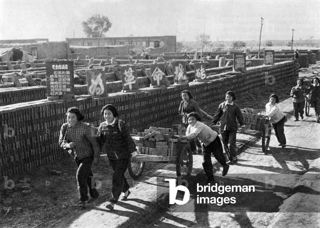 After earthquake in Hsingtai area, young women took part at reconstruction of their village, 1966 (b/w photo)