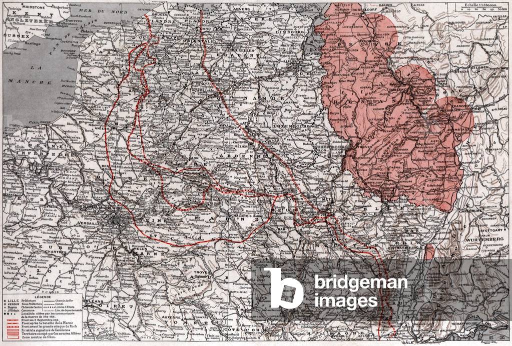 Movement of the front during ww1 and german territory after 1918 (print)