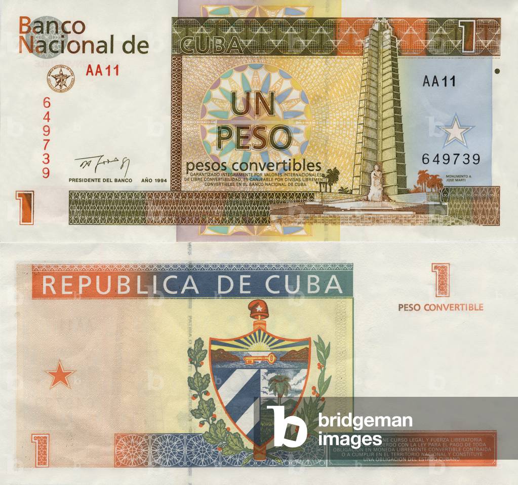 Double-sided a banknote of 1 Cuban pesos convertible on the front a monument to jose marti on the back the coat of arms of Cuba