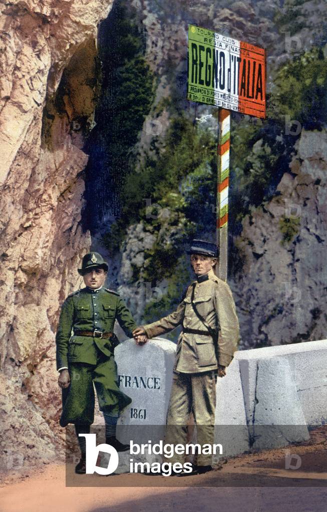 Italian and french custom officers at border between Italy and France, in Menton, Postcard c. 1920