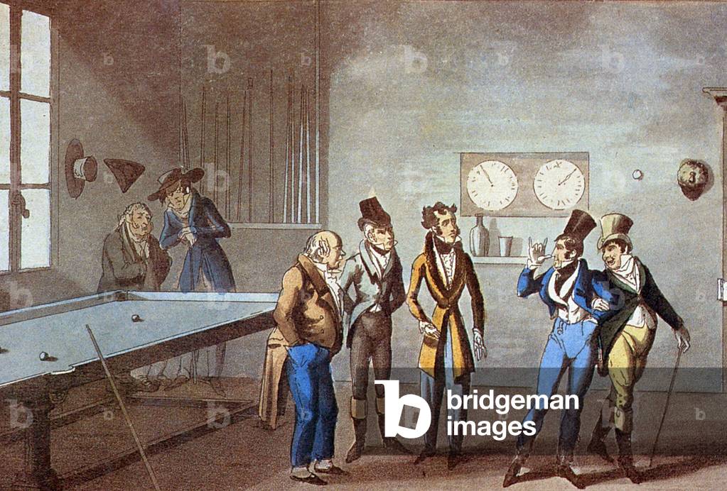 Dick Wildfire and Jenkins at the billiard in Paris, engraving from Life in Paris by Cruikshank, 1822