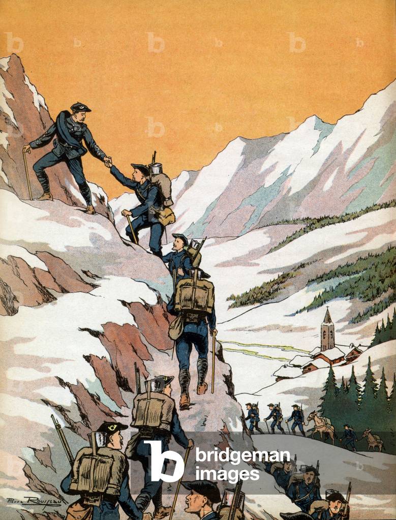 Philippe Petain as soldier trained for mountainous terrain, illustration by Pierre Rousseau from a book about Petain, december 1941 (propaganda)