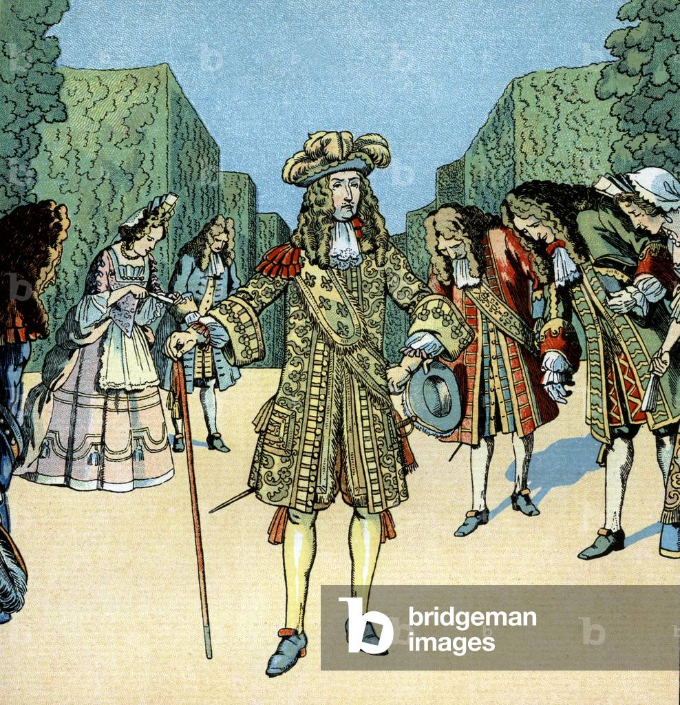 Louis XIV (1638-1715) french king in 1643-1715, here in gardens of Versailles with courtesans, illustration by Job, 1930