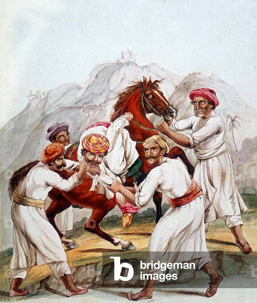 Thugs in the act of strangling a traveller on horseback, drawing. Thugs are members of the sect of the worshippers and servitors of Kali goddess of death. british colonial authorities suppressed them around the 1830's-1840's