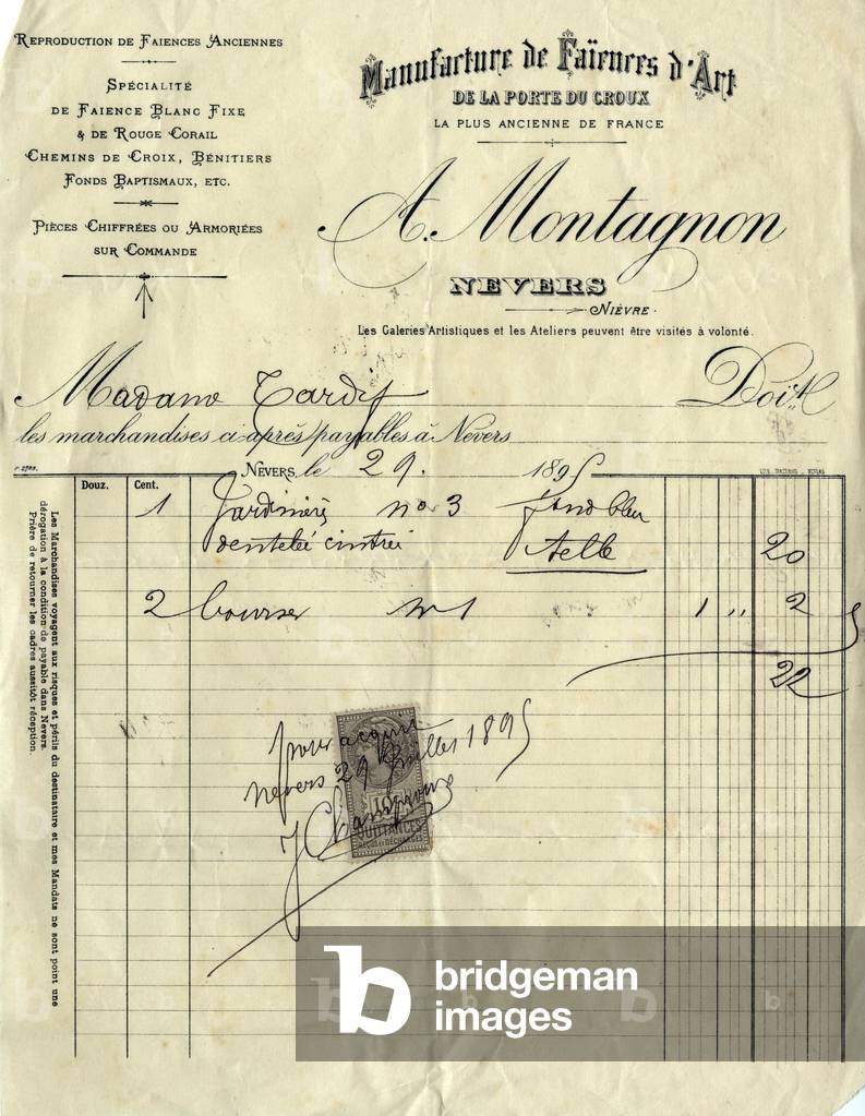 Bill from A. Montagnon, factory of earthenware