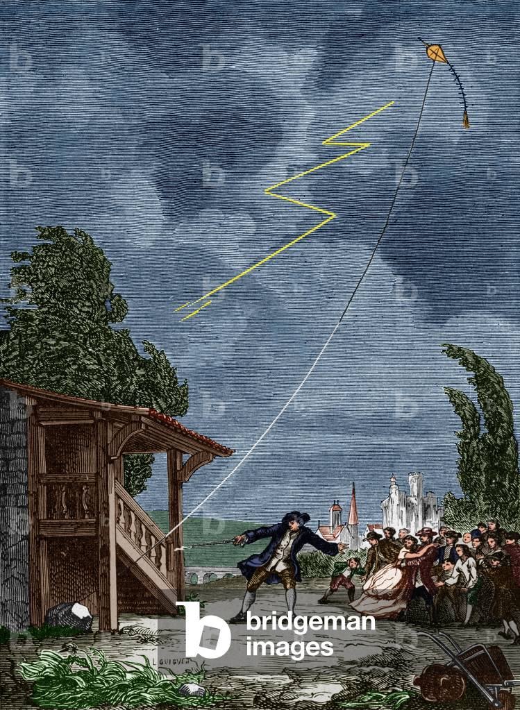 Experiment of electric kite by Jacques de Romas in Nerac, France, on june 7, 1753, engraving colourized document