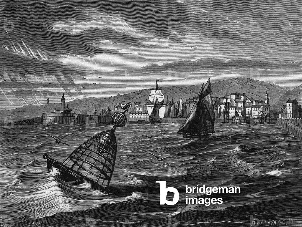 Bell buoy, harbour of Honfleur, France, 19th century engraving