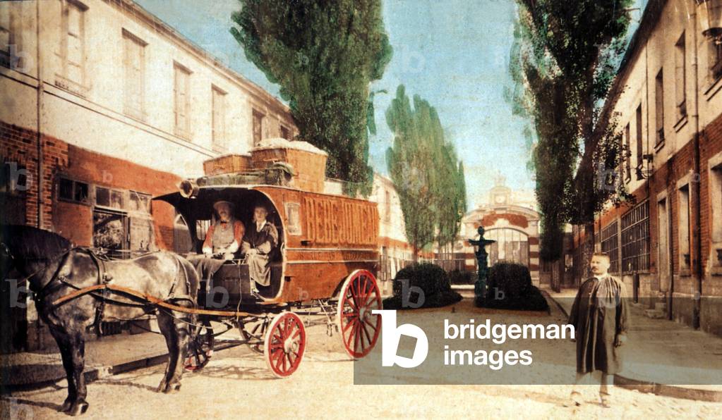 Emile-Louis Jumeau in the middle of the courtyard of his doll factory in Montreuil with a delivery van of his dolls. Jumeau made dollls from 1840 until 1899. Here c. 1880.