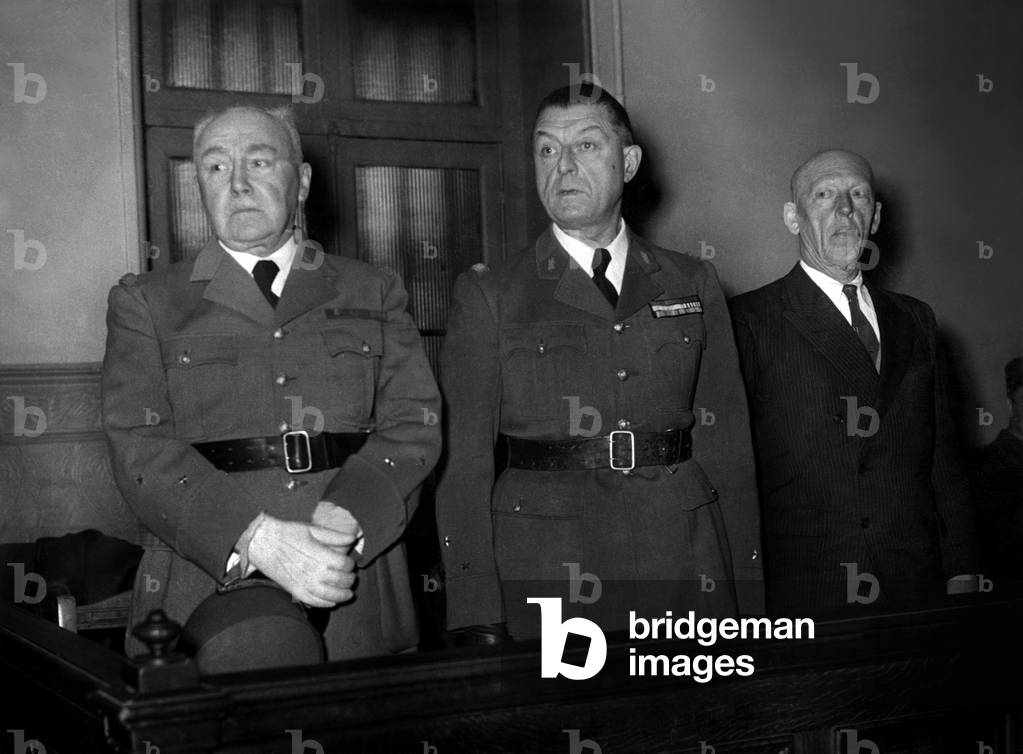 French generals Guillemet and Benoiton with Colonel Guibertheaux at military court on november 3, 1949 (they were hostiles to Allies during ww2)