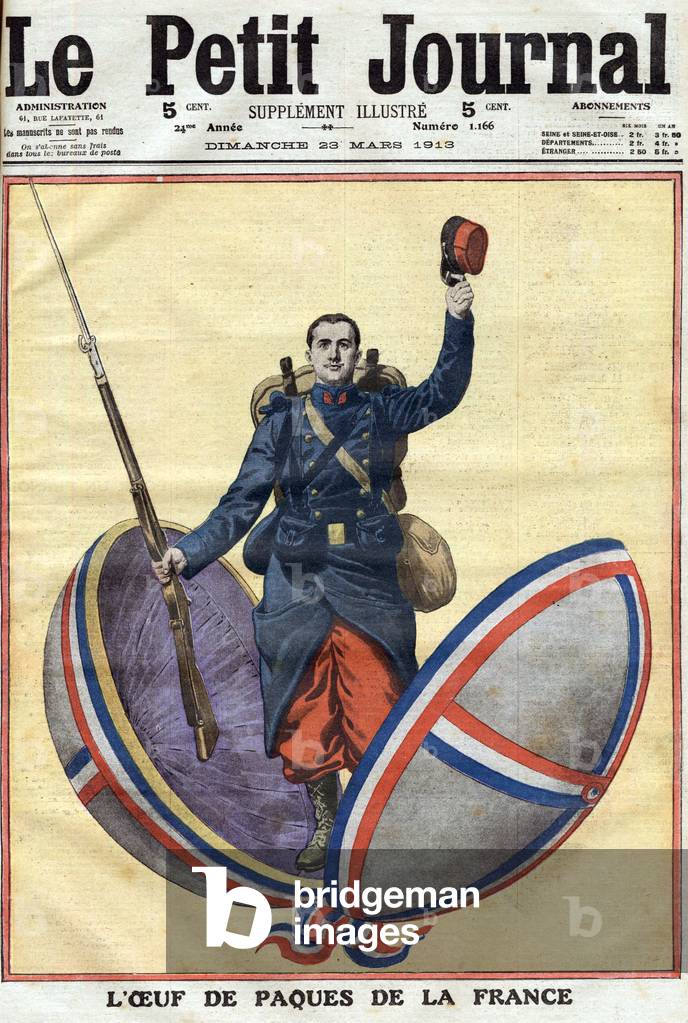 Easter egg: french soldier coming out from an egg, 1913 (print)