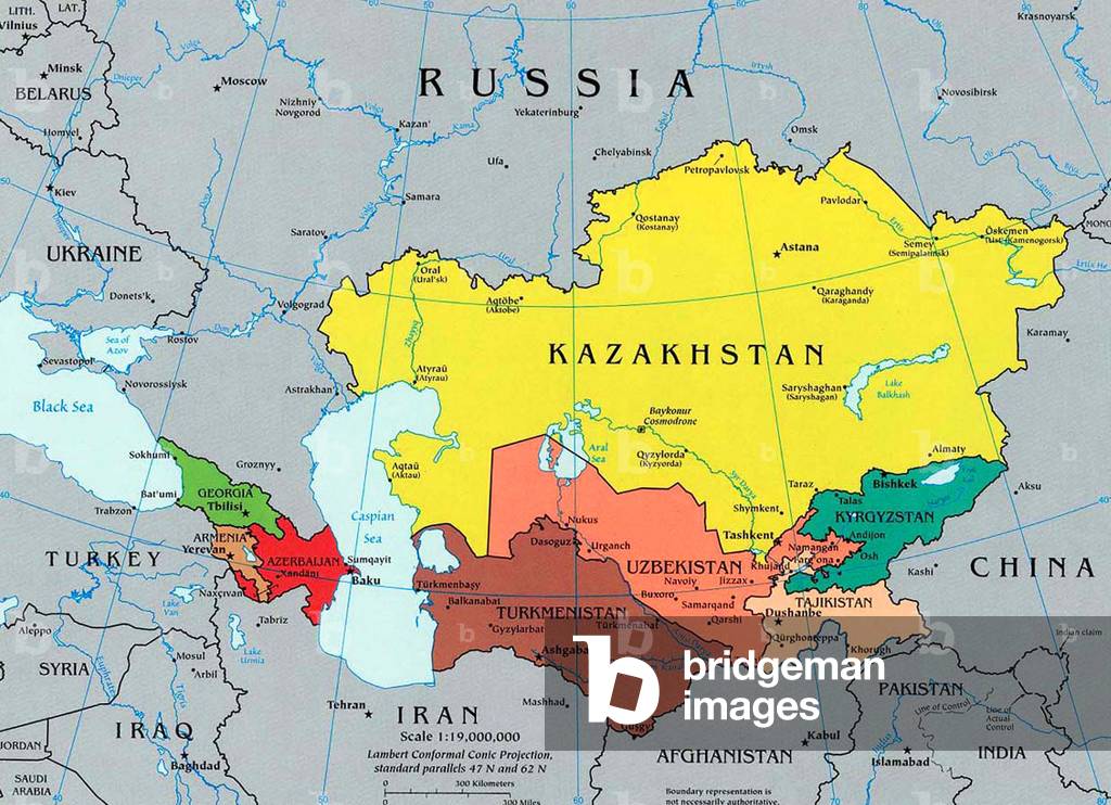 Map of Caucasus and Central Asia 2003 (Kazakhstan, Turkmenistan, Uzbekistan, Tajikistan...black sea, caspian sea)