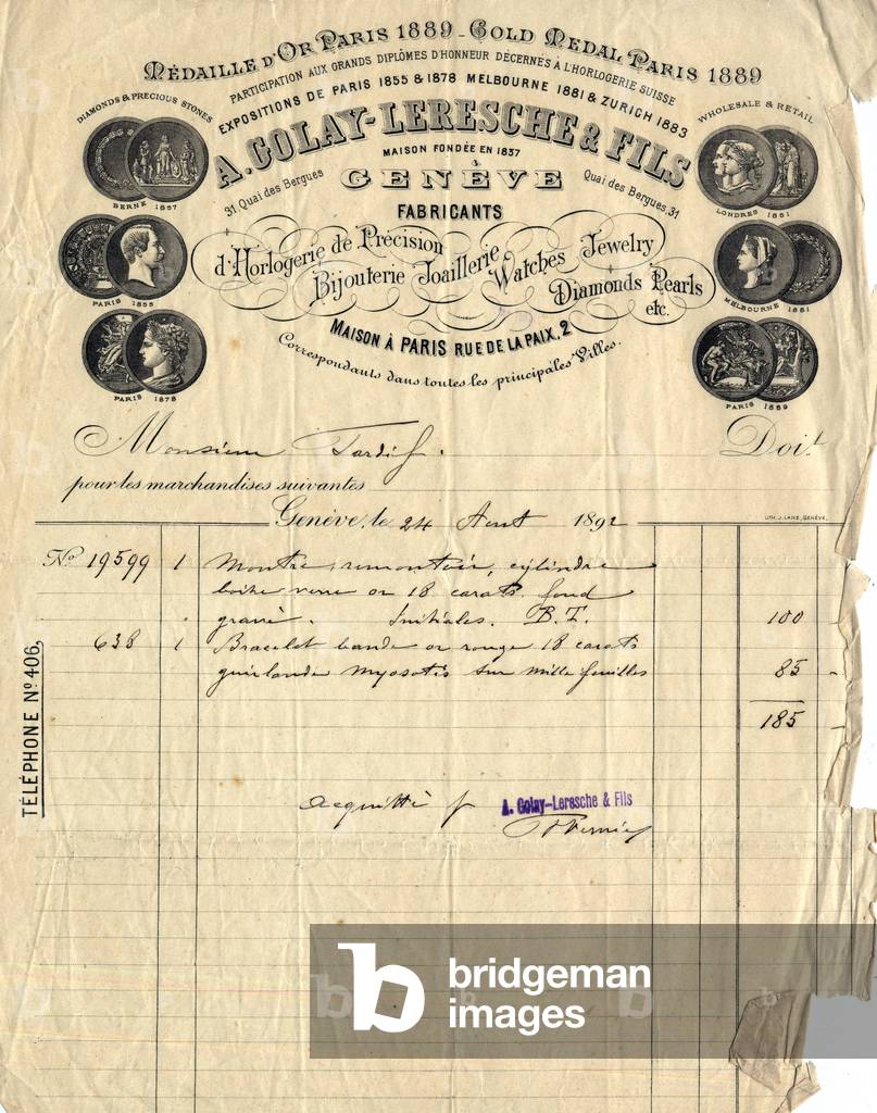Bill of A. Golay-Leresche and son company, swiss watchmaker in Geneva, august 24, 1892