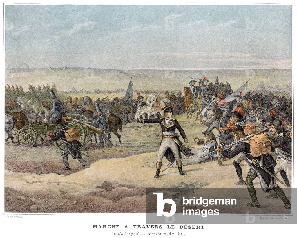 Egyptian campaign (1798-1801): french soldiers in desert to reach Cairo, engraving by Goupil after Gericault