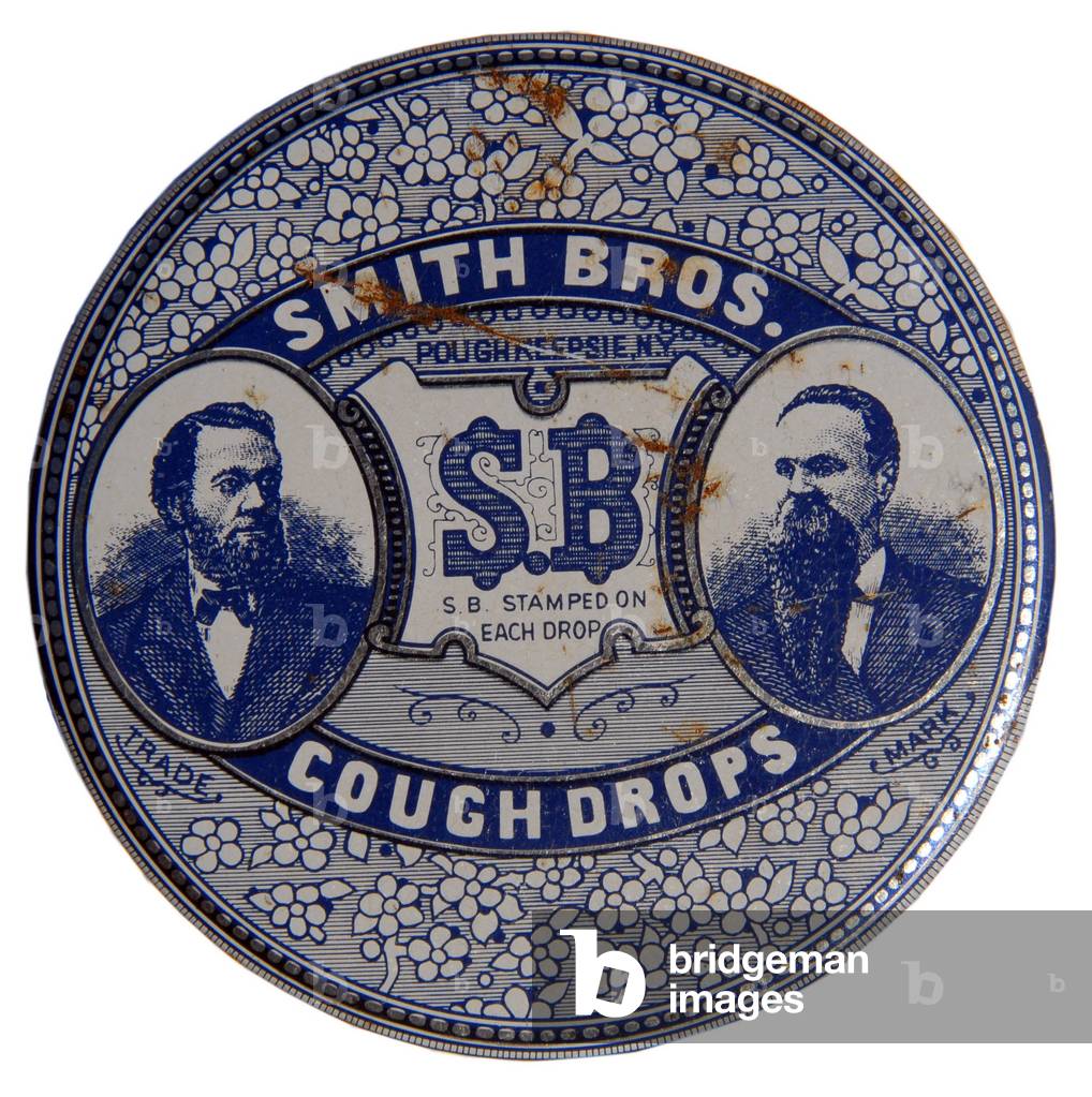 Tin for cough drops by Smith Brothers (SB, made in Poughkeepsie) with their portrait