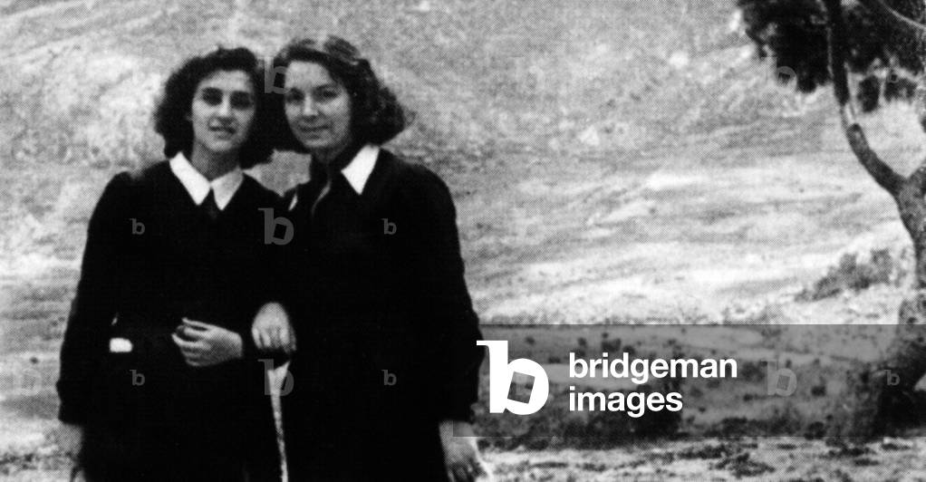 Young singer Nana Mouskouri (l) with a friend in Greece, c. 1947