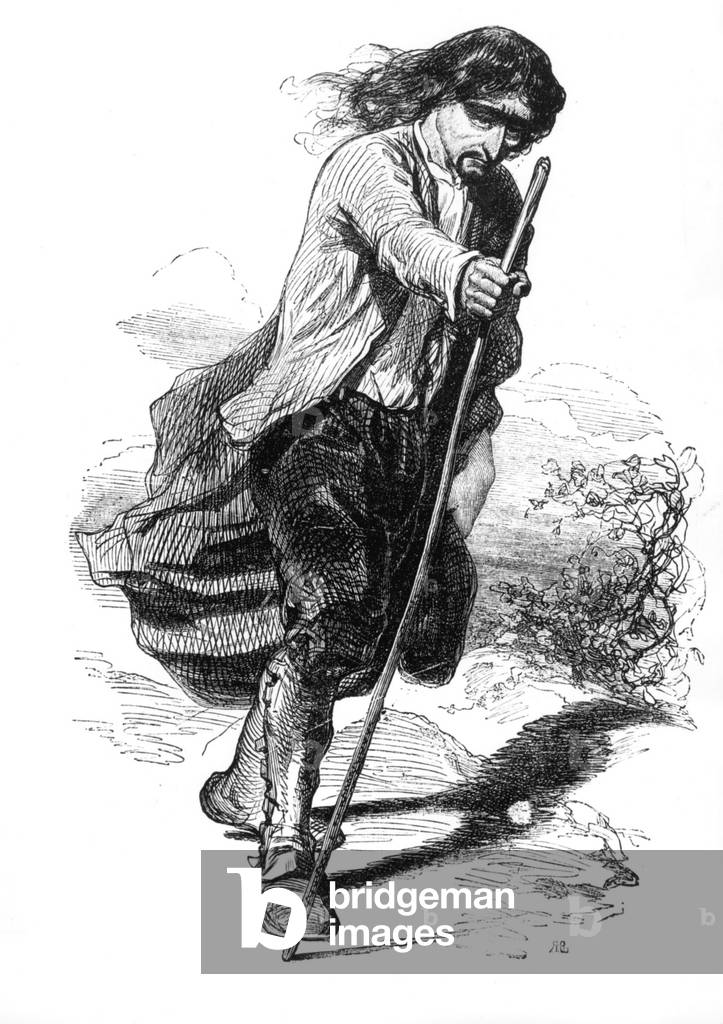 The Wandering Jew: legendary character who refuse Christ to have a rest on his doorstep when he went up at the Calvary. He was punished: God condemened him to wander until return of the Christ, engraving, 19th century