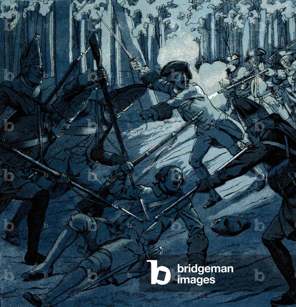 On night october 15-16, 1790, before the battle of Clostercamp: the chevalier d'Assas is killed by english troops after he raised the alarm, illustration by Job, 1930