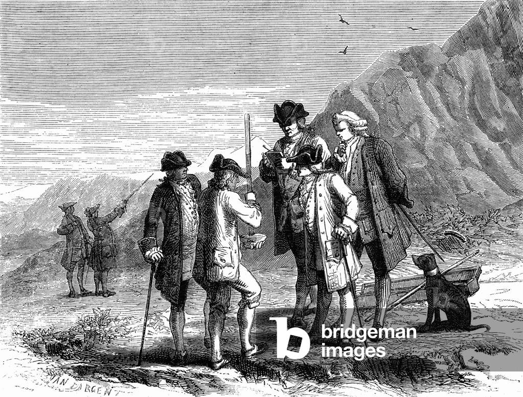 Florin Perier making experiment of Torricelli at summit of the Puy de Dome, september 19, 1648 (atmospheric pressure, barometer), engraving