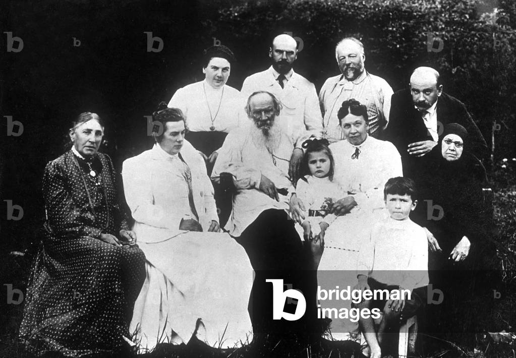 Russian writer Leo Tolstoi with his family: back: Alexandra Tolstoi (his daughter), Michel Tolstoi (his son), Soukhotine (his son in law, Tatiana's husband), Andre Tolstoi (his son) ; front: Marie Sergueievna Volkonsky (his mother), Tatiana Soukhotine (his daughter), Leon Tostoi and his wife Sophie Behrs, Maria Tolstoi (his sister) and Michel's children (Jean and Tania) c. 1900