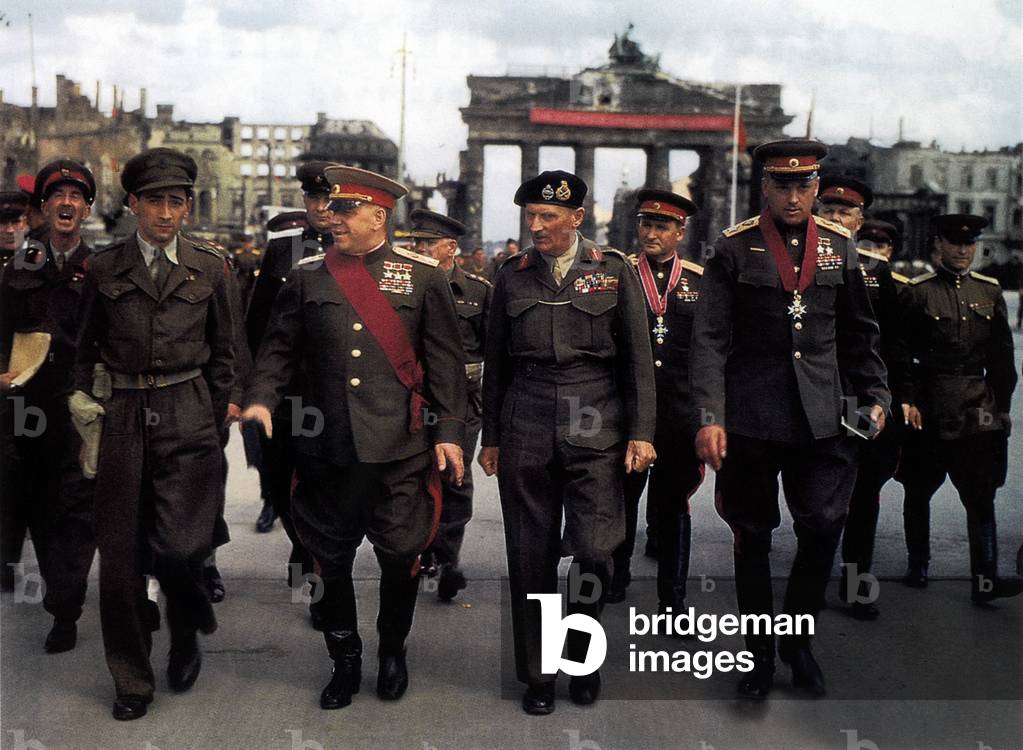 Soviet general Georgij Jukov (2nd left) commander in chief of the soviet troops in Germany and director of the military administration of the Soviet Occupied Zone here with marshall Montgomery (3rd left) commander in chief of the english troops in Germany here during Allied victory parade in Berlin in july 12, 1945
