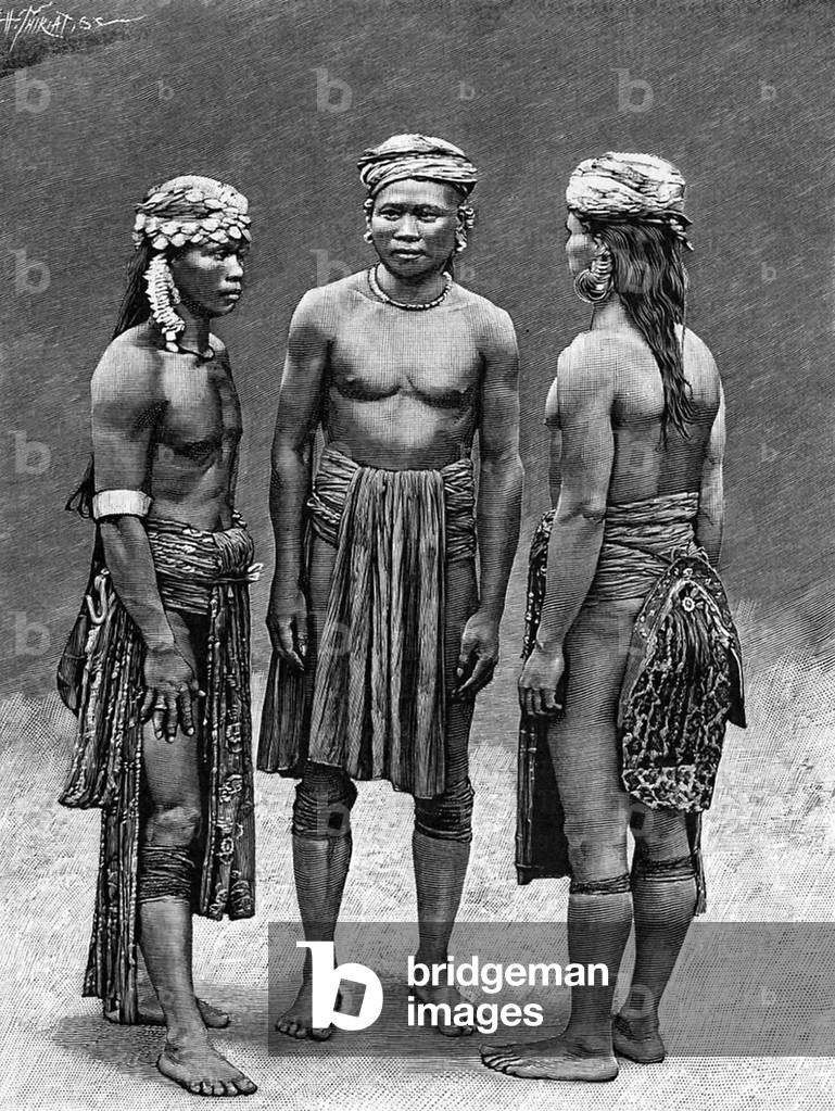 In Borneo: three Dayak men, c.1890 (engraving)