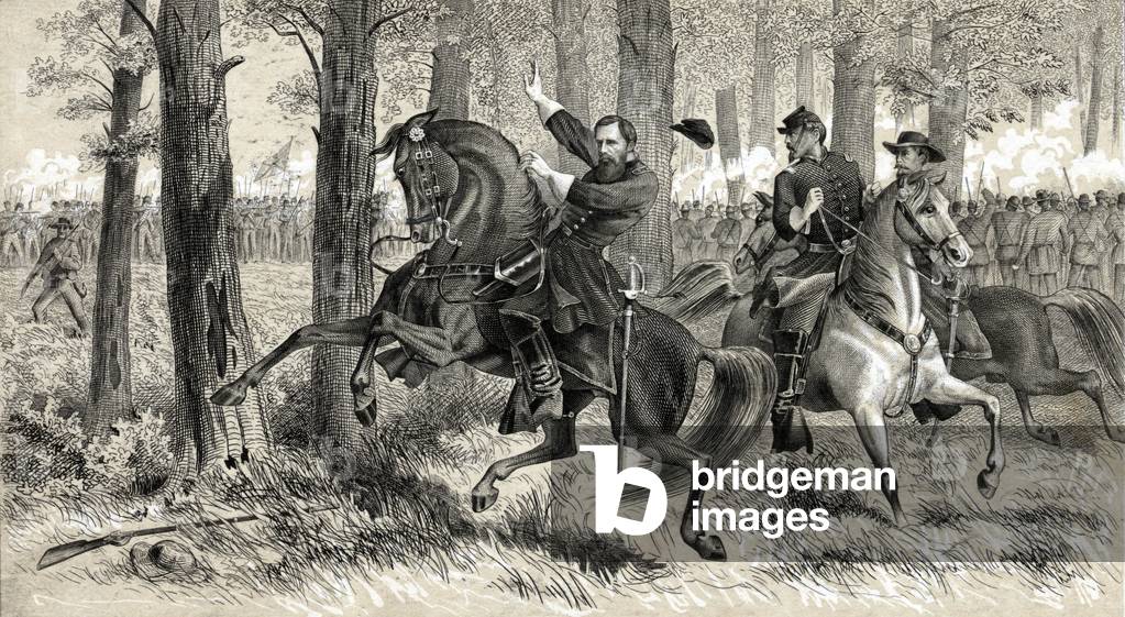 Gettysburg battle on jule 1863: death of Union general John F. Reynolds, engraving after Alfred R Waud