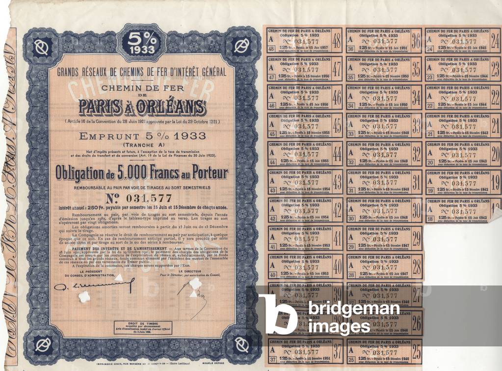 French bond 5000 francs, 1933 (print)