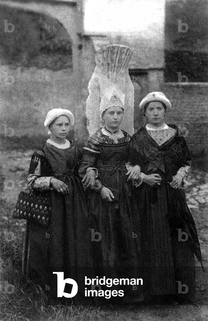 Normandy Types and Costumes Young Girls Walking c.1924 (postcard)