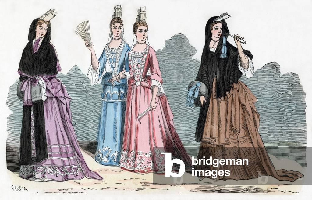 Noble and bourgeois women, late 17th century, engraving