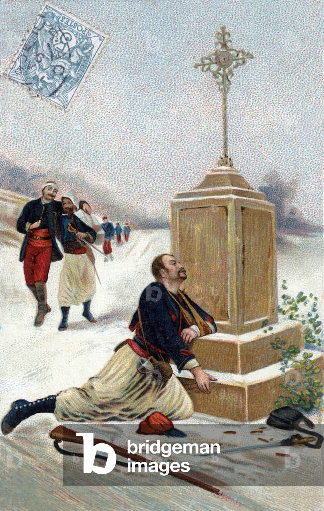 Death of a zouave, Postcard, c. 1905, after a drawing by Jules Monge